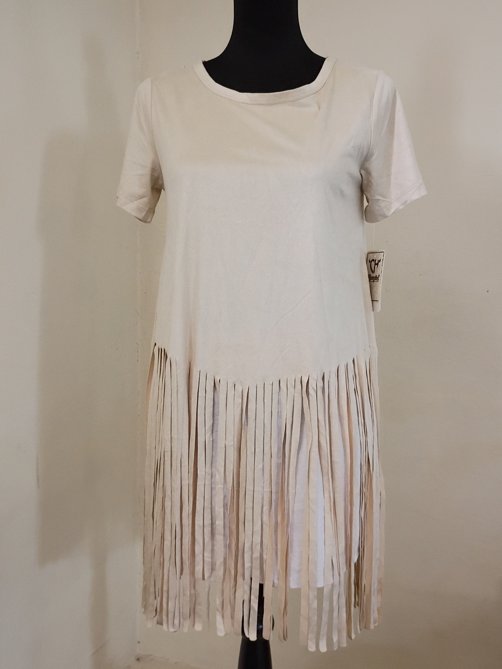 Cream Fringe Hem Buckskin Short Sleeve Blouse Dress